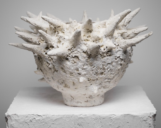 Spiked Paper Clay Sculpture: Biomorphic Vessel, Brutalist Organic Modern Centerpiece Art
