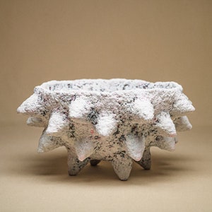 Handmade Paper Clay Sculptural Bowl: Contemporary Spiked Centerpiece, Recycled Art Dish for Sustainable Home