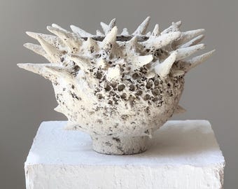 Spiked Paper Clay Sculpture: Biomorphic Brutalist Centerpiece, Organic Textured Contemporary Vessel, Earth Tone Art