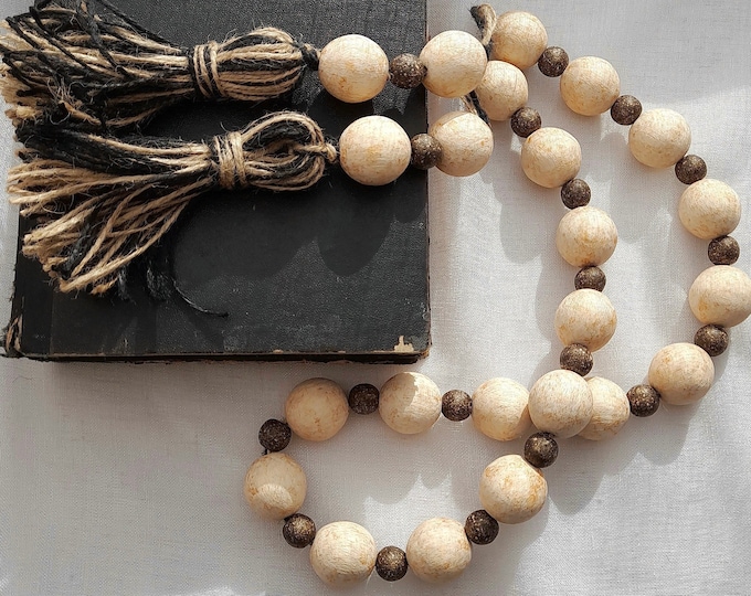 Large Wooden Bead Garland with Tassels – Modern Farmhouse Beads for Home Décor – Wood Beads Ideal for Bohemian Decor, Coffee Table, Shelf