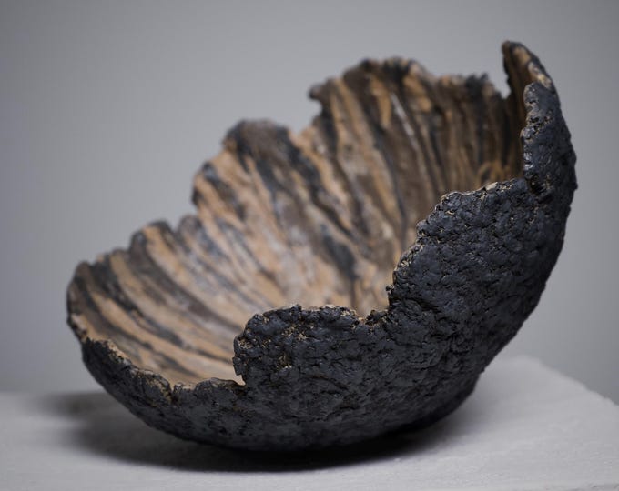 Wabi Sabi Black Bowl Vase: Textured Sculptural Centerpiece, Contemporary Art Object
