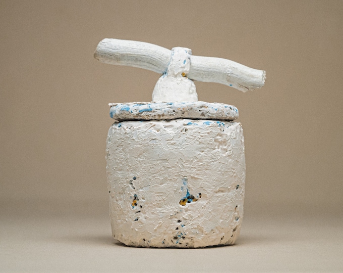Boho Chic Handmade Paper Mache Jar with Lid - White and Blue Rustic Accents - Eco-Friendly, Recycled Art - Sustainable Modern Farmhouse Gift