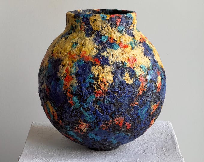 Abstract textured painted vase: contemporary paper clay sculpture, organic modern art vessel