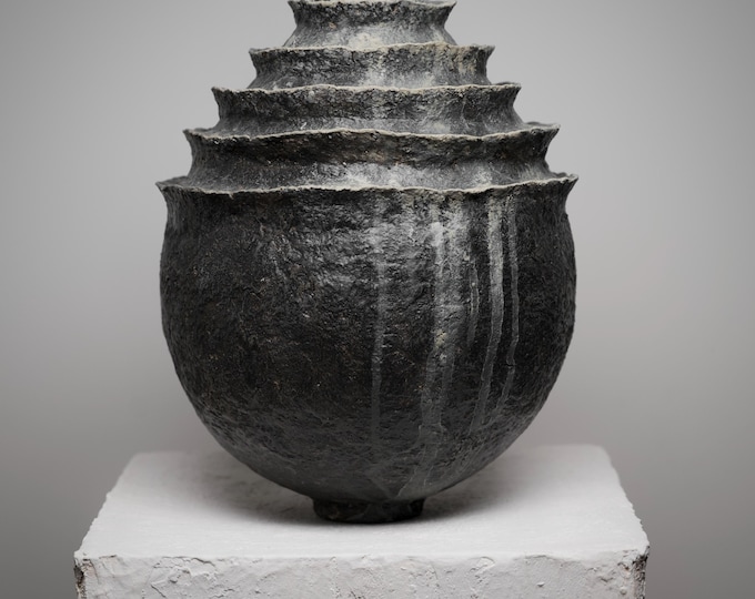 Wabi Sabi black vase: Contemporary paper clay sculpture with aged textured surface