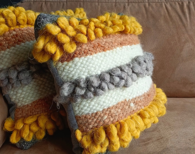 Handwoven Wool Throw Pillow - Bohemian Decor - Cozy & Textured Throw Pillow Cover - Natural Sheep Wool - Home Accent - Housewarming Gift