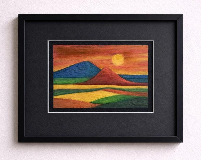 Semi Abstract Landscape Art – Original Oil Pastel on Paper – Small Contemporary Wall Artwork