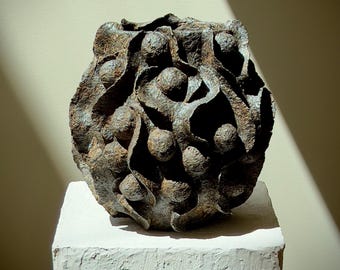 Handmade Paper Clay Sculpture: Japandi Wabi Sabi Organic Sculptural Vessel, Contemporary Earth Tone Vase
