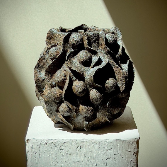 Handmade Paper Clay Sculpture: Japandi Wabi Sabi Organic Sculptural Vessel, Contemporary Earth Tone Vase