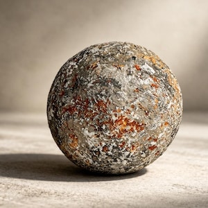 May include: A spherical object with a rough, textured surface. The color palette includes shades of gray, white, and rust-orange, creating a mottled appearance. The object casts a shadow on a light-colored surface.