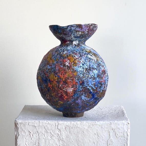 Contemporary Abstract Painted Vase – Textured Paper Clay Sculpture – Organic Modern Art Vessel Decor