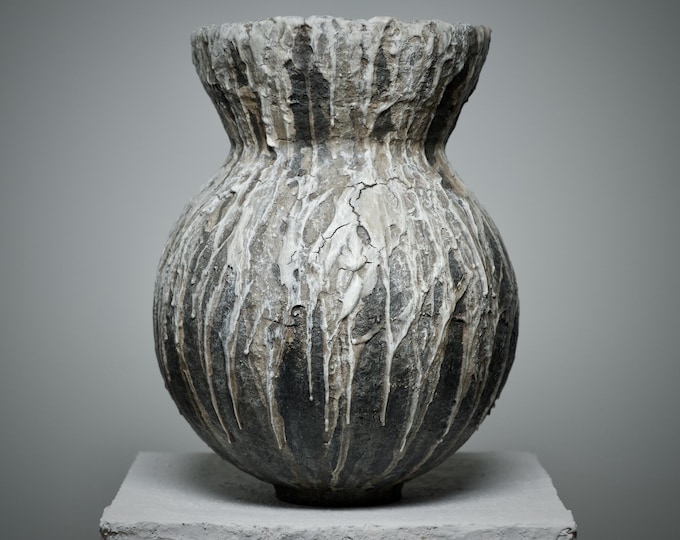 Textured Grey Vase Sculpture, Wabi Sabi Art Vessel, Rustic Modern Home Decor