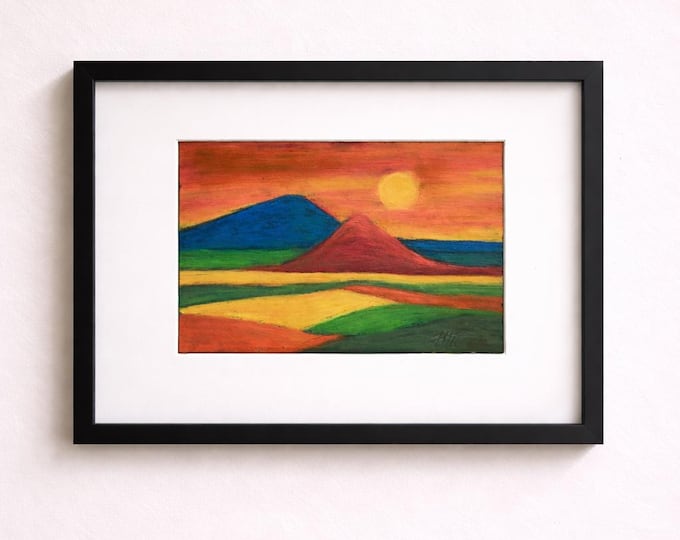 Semi Abstract Landscape Art – Original Oil Pastel on Paper – Small Contemporary Wall Artwork