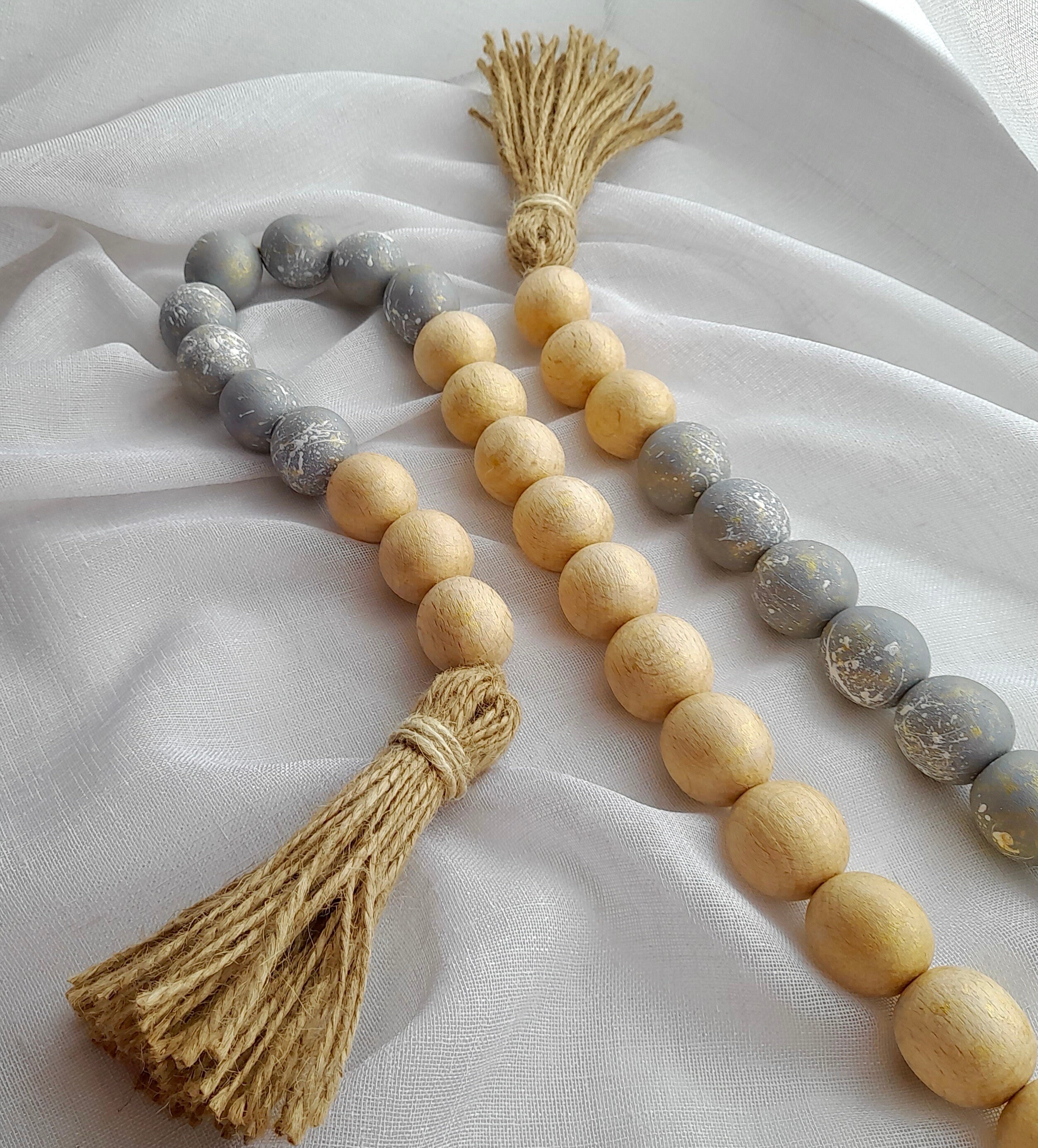 Large Wooden Bead Garland With Tassels Modern Farmhouse Etsy