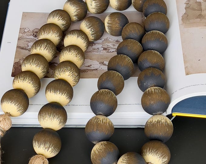 Large wood bead garland with tassel: rustic farmhouse scandi shelf and coffee table Accent