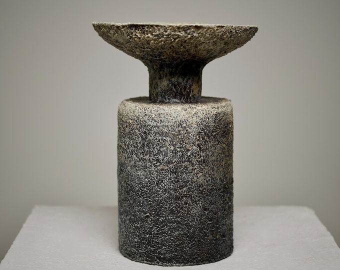 Wabi Sabi sculptural art vessel, small black textured vase for Modern interiors