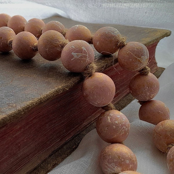 Pink & Gold Boho Chic Wood Bead Garland - Rustic Farmhouse Coffee Table Decor - Home Gifts - Modern Farmhouse Beads with Tassel