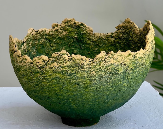 Contemporary Green Paper Clay Bowl, Handmade Sculptural Vessel, Organic Textured Decor, Modern Wabi Sabi Japandi Centerpiece