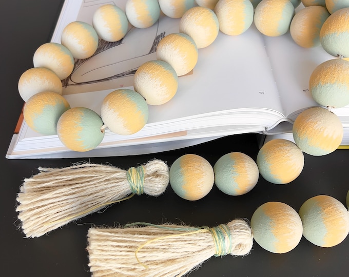 Large Wood Beads Garland with Tassel – Scandi Neutral Tones decor for Shelf & Coffee Table