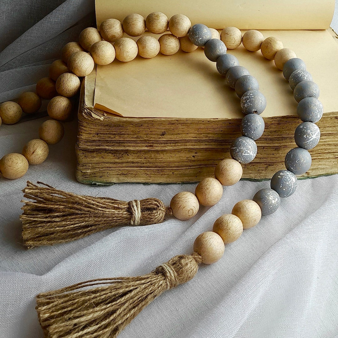 Large Wooden Bead Garland With Tassels Modern Farmhouse Etsy