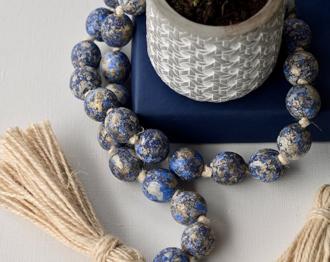 Coastal Farmhouse Wooden Bead Garland - Navy Blue Home Decor - Hand Painted Prayer Beads with Tassels - Rustic Table Centerpiece Decor