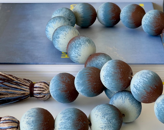 Rustic Wood Bead Garland – Coastal Boho Tassel Decor – Cottage Chic Farmhouse Accent – Tiered Tray Garland – Natural Wood Beads – Gift Idea