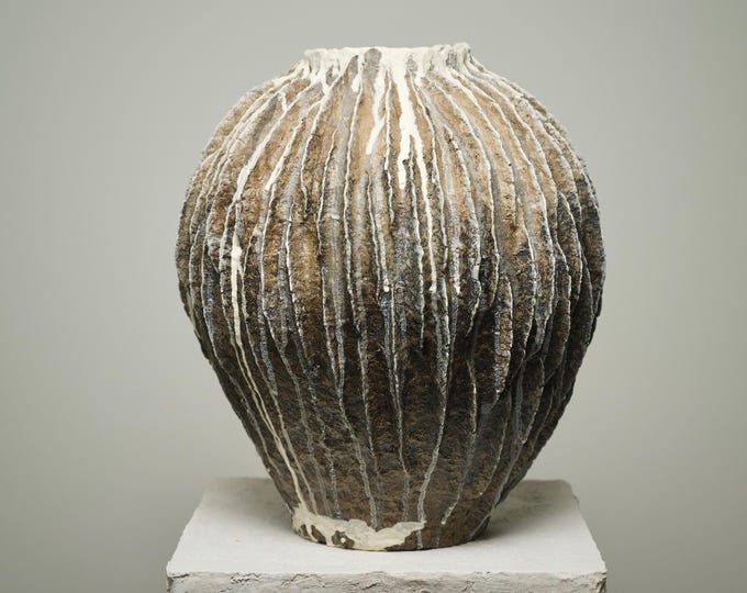 Large Textured Wabi Sabi Vase Sculpture, Handmade Paper Clay Vessel, Organic Modern Rustic Centerpiece