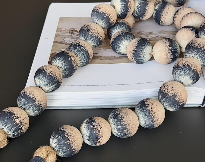Large rustic wood bead garland with tassel: scandinavian farmhouse decor for coffee table shelf