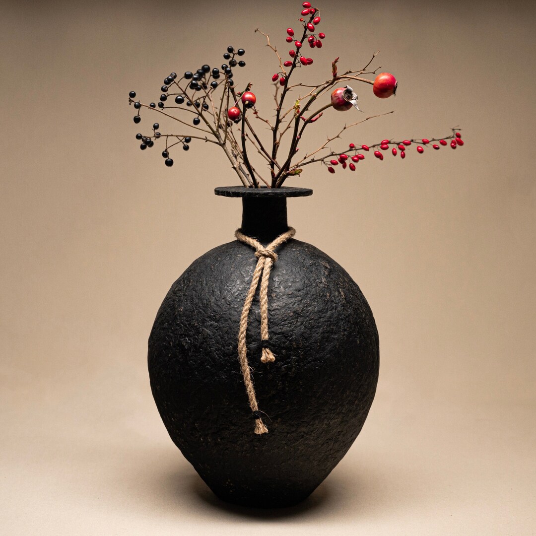 Paper Mache Modern Elegance Handmade Black Vase With Wabi Sabi Charm