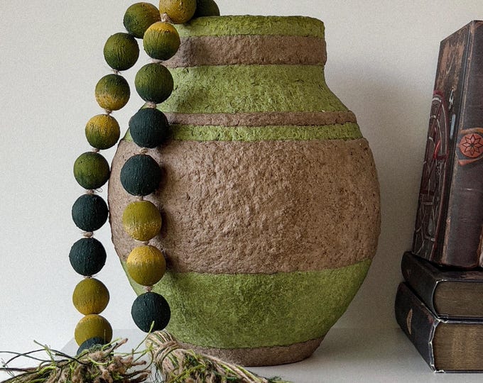 Wabi Sabi Lime Green Vase - Rustic Handmade Paper Mache Centerpiece - Organic Textured Art - Sustainable Decorative Vessel for Modern Home