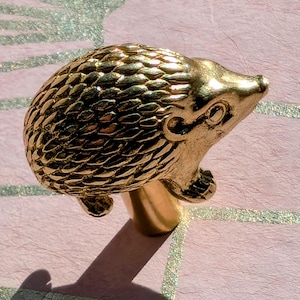 以下が含まれることがあります： 金色のハリネズミのキャビネットノブ。ノブは、テクスチャード加工された体と丸いベースを持つハリネズミの詳細なデザインが特徴です。ノブは、銀色のアクセントが付いたピンク色の背景に設定されています。