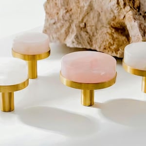 Rose Quartz Brass Drawer Pull, White Quartz Cabinet Handle, Gemstone Door Knob