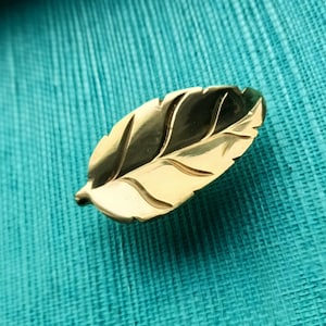 May include: A gold-colored leaf-shaped decorative object. The leaf has detailed veining and a smooth, polished surface. The object is set against a textured, teal-colored background.