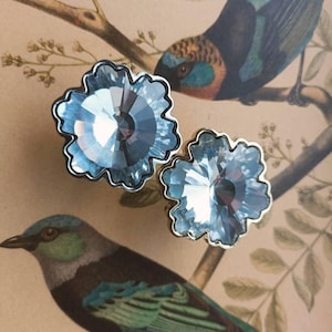 以下が含まれることがあります： シルバーの縁取りが付いた、水色の花型のイヤリング2つ。枝にとまる鳥のヴィンテージイラストを背景に配置。イヤリングは、光を反射する、ファセットカットのクリスタルのような外観をしています。