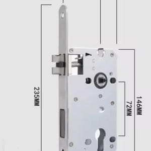 May include: A silver door lock with a keyhole and a latch. The lock is 146 mm tall, 72 mm wide, and 235 mm long.