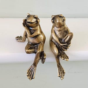 May include: Two bronze frog figurines, each with a unique pose. One frog rests its hand near its face, while the other sits with its arms crossed. The frogs have detailed features and a metallic finish, perfect for home decor.