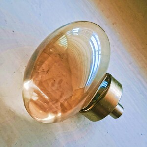 May include: A clear, oval-shaped glass door knob with a brass base. The knob reflects the surrounding environment, and the brass base has a cylindrical shape. The knob is a warm amber color.
