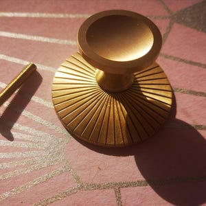 May include: A gold-coloured cabinet knob with a sunburst design and a matching screw. The knob has a circular base with radiating lines and a rounded top. The items are on a pink surface with a geometric pattern.