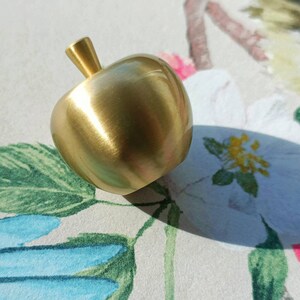 May include: A golden apple-shaped object with a stem. The metallic finish reflects light, creating highlights on its rounded form. The object is likely a decorative piece or a unique home accent.