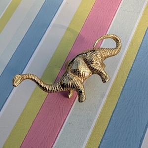 以下が含まれることがあります： 長い首と尾を持つ金色の恐竜ピン。ピンは金属製で、表面はテクスチャ加工されています。背景はパステルカラーのストライプ模様です。
