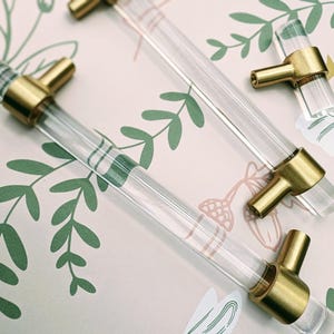 May include: Clear acrylic cabinet pulls with brass-colored hardware. The cylindrical pulls are arranged on a light pink surface with green leaf and floral patterns. The hardware has a T-shape design.
