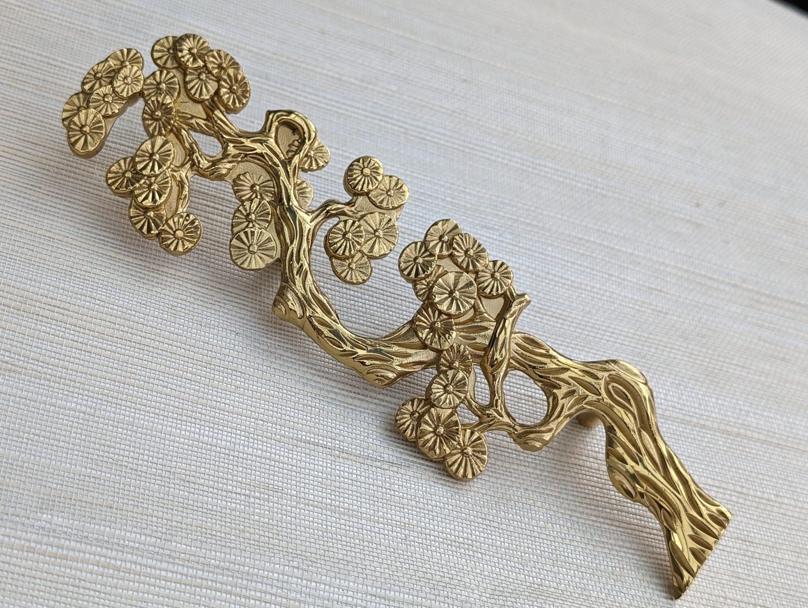 Gold Cypress Tree Drawer Handles: Solid Brass Wardrobe Hardware
