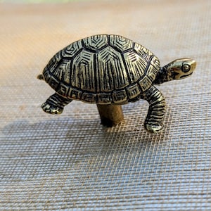 May include: A brass turtle-shaped cabinet knob. The knob has a detailed turtle design with a textured shell and legs. The turtle is mounted on a short, cylindrical post for attachment to furniture.
