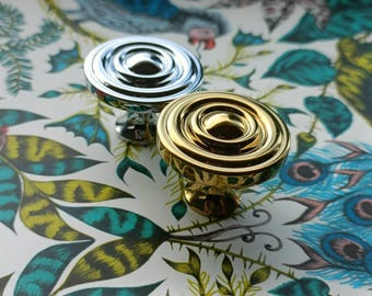Ripple Brass Cabinet Knob - Shiny Gold or Silver Round Drawer Pull