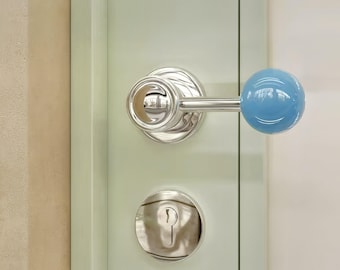 Silver Chrome Door Handle Set: Blue Ceramic Knob, Retro Style