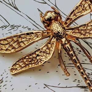 Puede incluir: Broche de libélula dorada con alas y cuerpo detallados. El broche tiene una superficie texturizada y está sobre un fondo blanco con un sutil patrón de hojas. El diseño de la libélula es muy detallado.