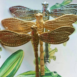 Puede incluir: Primer plano de tres figuras decorativas de libélulas. Las figuras de libélulas son doradas, plateadas y bronce. Las alas están detalladas con patrones de venas. El fondo presenta un diseño de acuarela con hojas verdes y una rana.