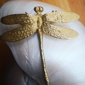 Puede incluir: Broche de libélula dorada con intrincados detalles en las alas. La libélula tiene un cuerpo largo y delgado y está colocada sobre una superficie blanca. El broche es metálico y tiene un acabado texturizado, dándole un aspecto vintage.