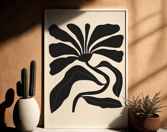 Black Abstract Botanical Flower Poster, Minimalist Floral Art, Printable Wall Artwork