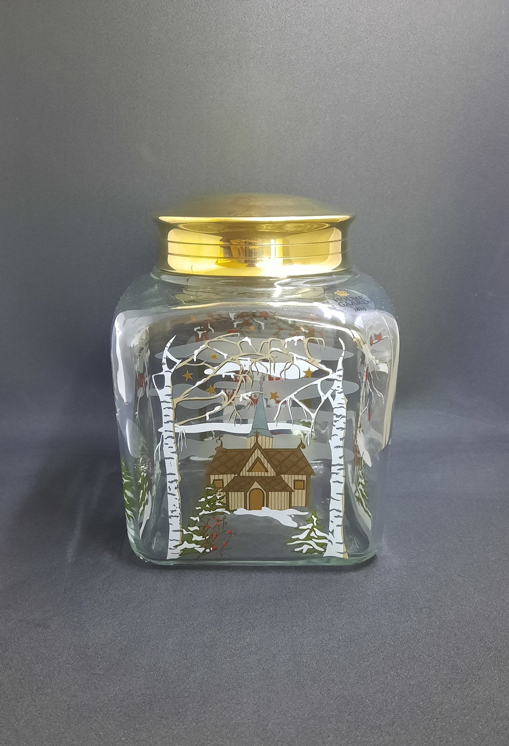Holmegaard Christmas cookie glass jar with Christmas motives, Made in Denmark, from the year 2021
