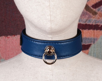 Blue lambskin leather choker necklace with O-ring for women/Heavy real leather collar custom/Punk choker/Gothic necklace choker-Mature